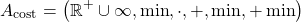 \begin{align*} A_{\text{cost}} = \left(\mathbb{R}^+\cup{\infty},\min,\cdot,+,\min,+\min\right) \end{align*}