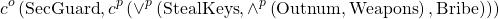 \begin{align*} c^o\left(\text{SecGuard}, c^p \left( \vee^p \left( \text{StealKeys}, \wedge^p \left( \text{Outnum},\text{Weapons} \right), \text{Bribe} \right) \right) \right) \end{align*}